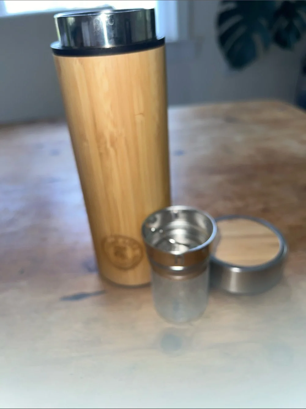 Preowned LeafLife branded 17oz vacuum-insulated bamboo tumbler designed for tea